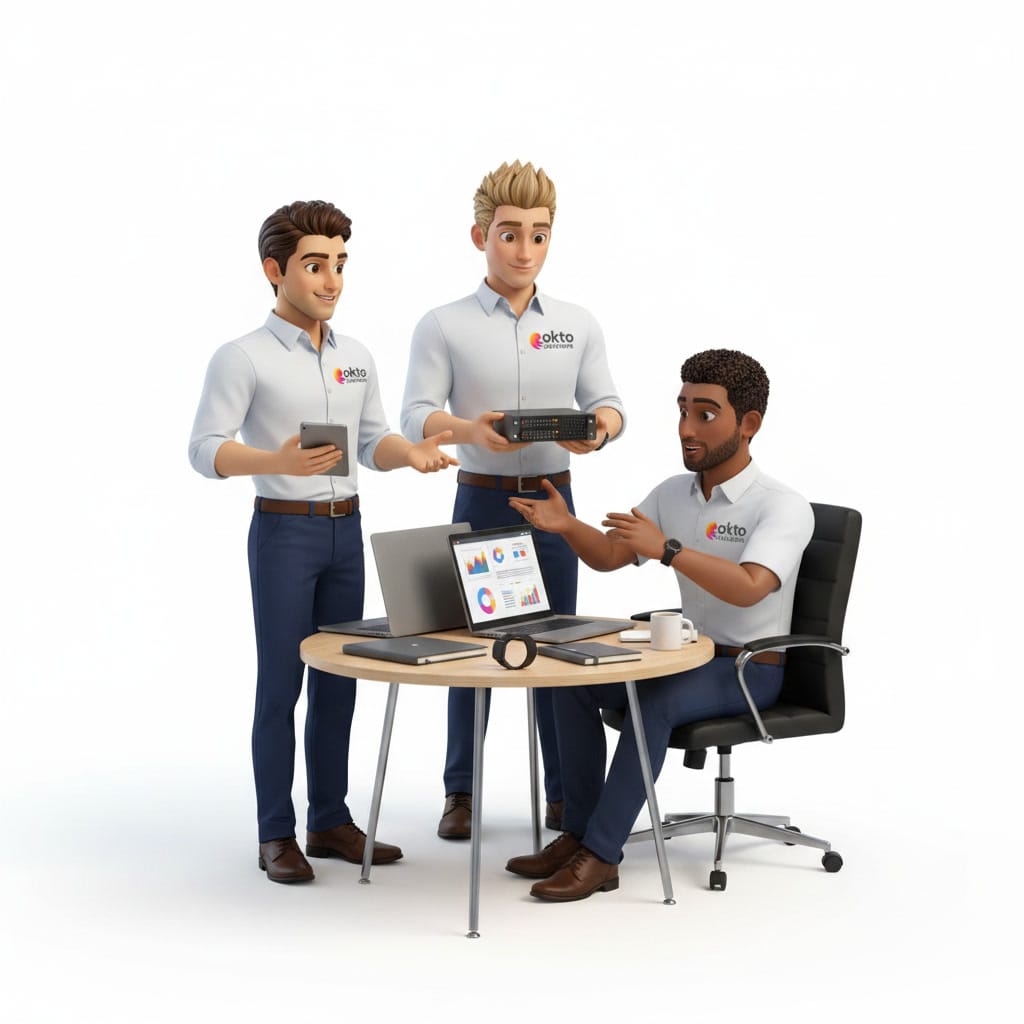 Trois membres de l’équipe technique d’OKTO Solutions autour d’un équipement de serveur