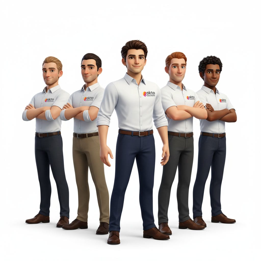 Portrait of five technicians from the OKTO Solutions team, arms crossed