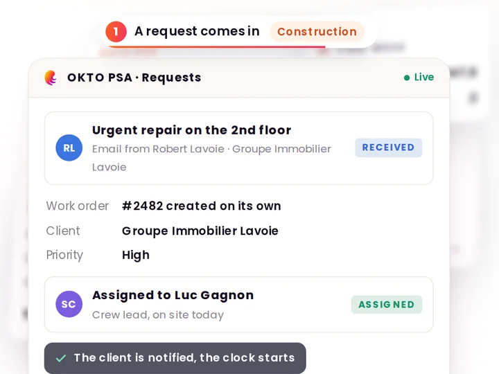 OKTO PSA screen: a request becomes an assigned work order