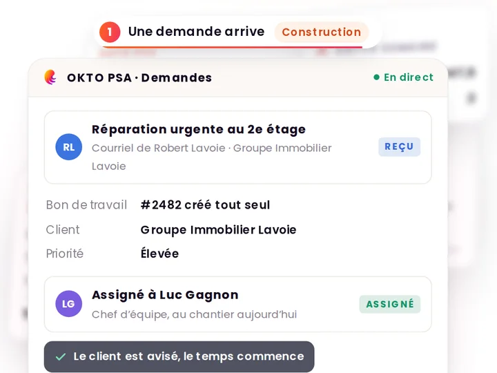 Écran d’OKTO PSA : une demande reçue devient un bon de travail assigné