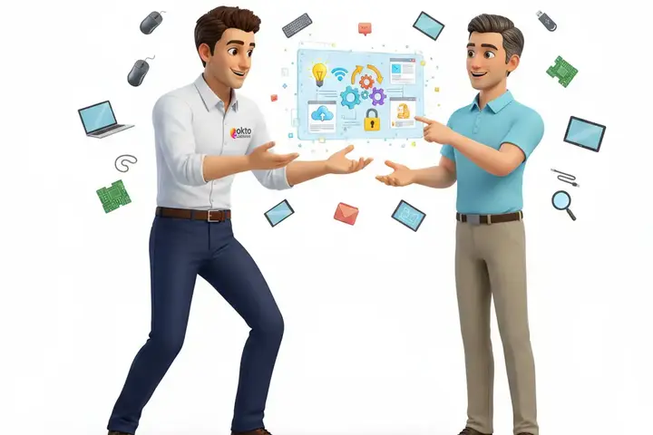Technicien OKTO Solutions montrant une astuce informatique sur une tablette partagée avec un client