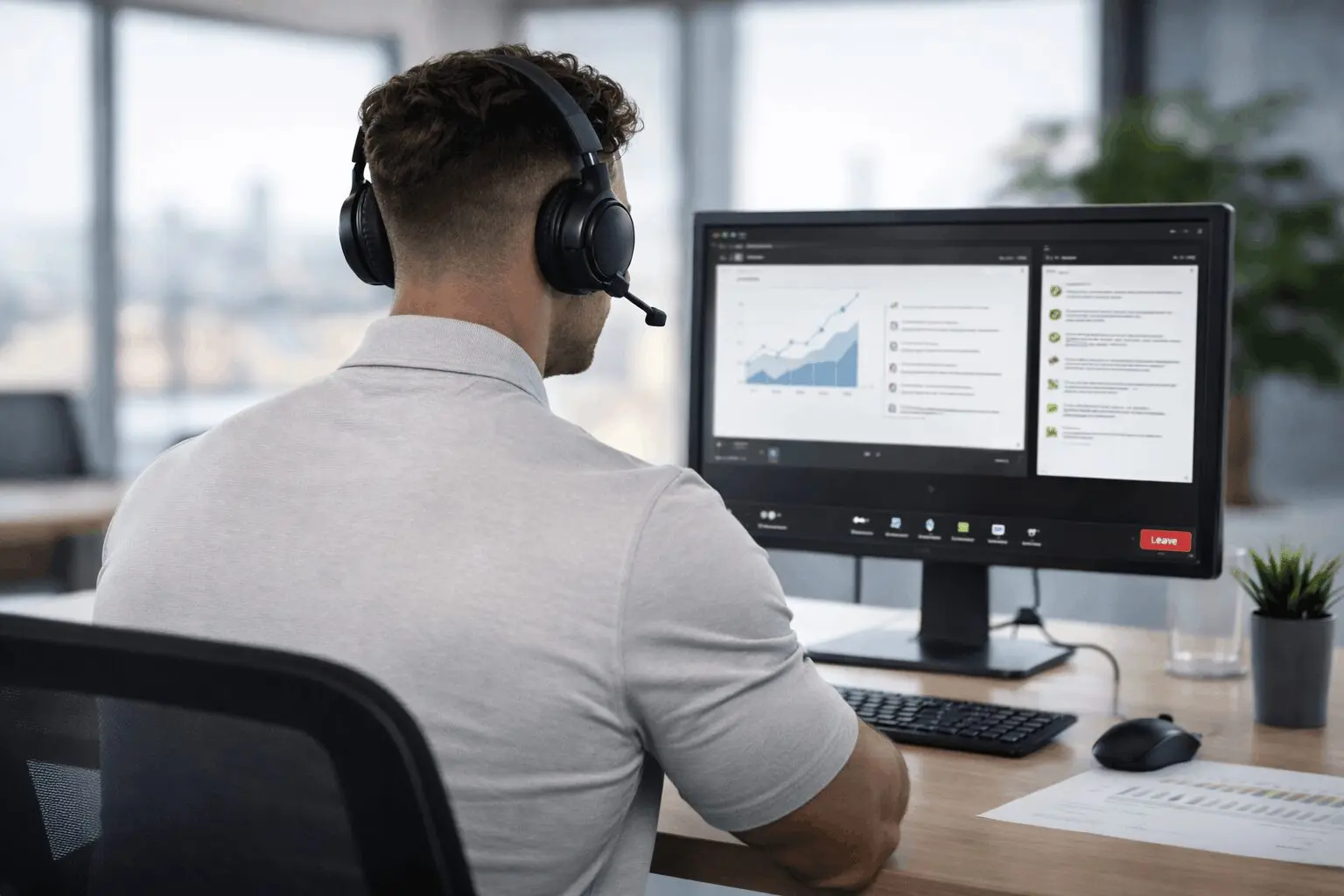 Technicien vu de dos, casque d’écoute sur la tête, devant un écran qui affiche un graphique et une liste de demandes