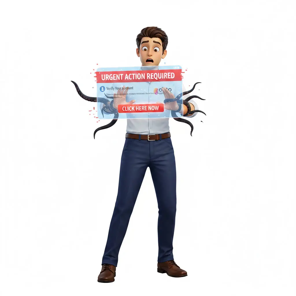 Personnage surpris devant un faux message urgent d’où sortent des tentacules