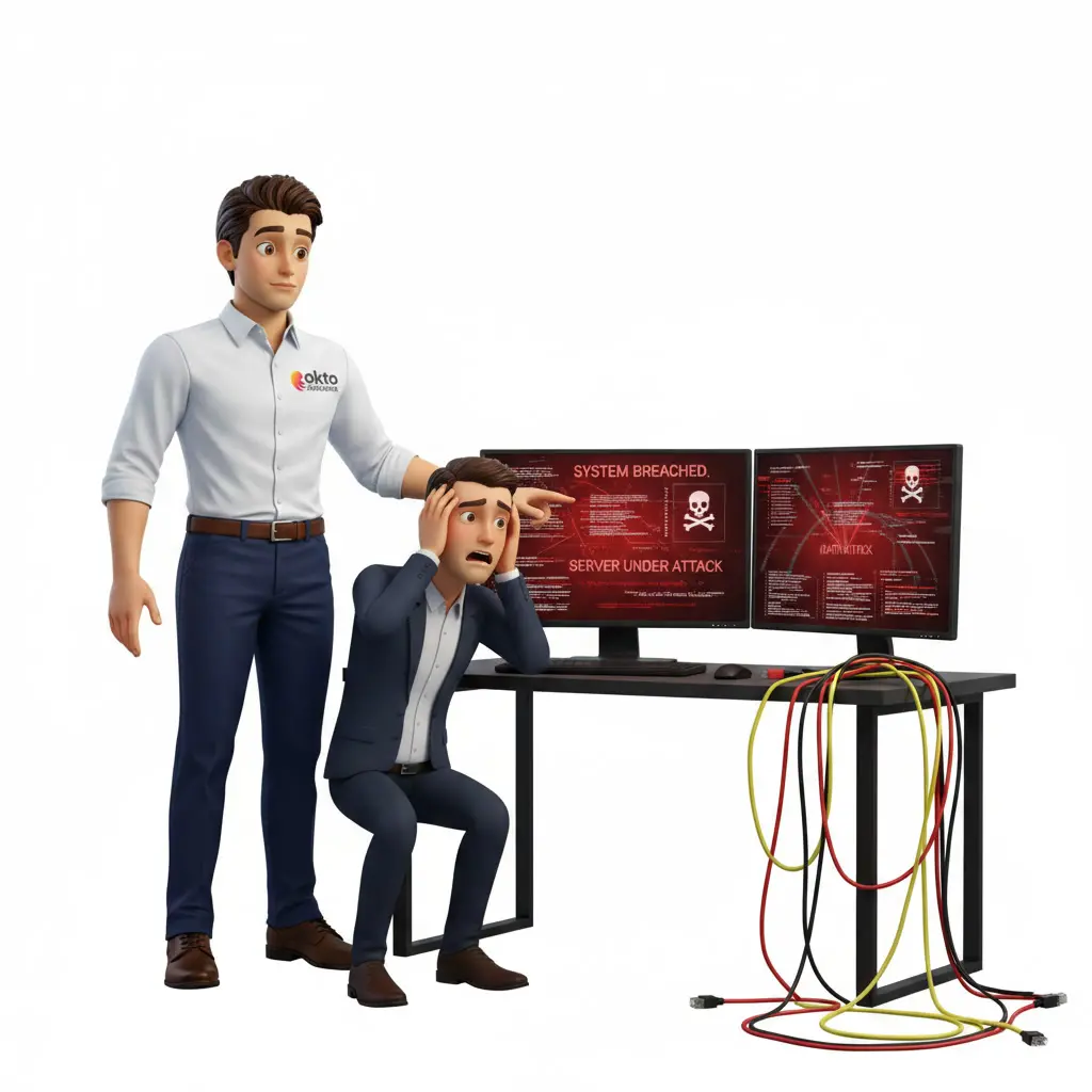 Deux écrans affichant une alerte d’intrusion rouge sur un serveur attaqué