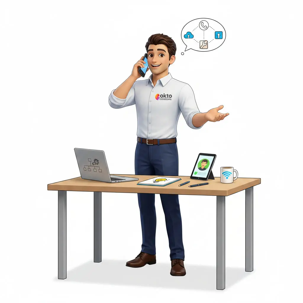 Technician taking a support call at a desk with a laptop and a tablet