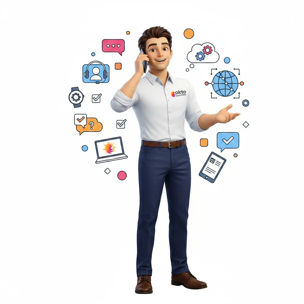 Technicien OKTO Solutions au téléphone avec un client, entouré d’icônes de réseau et d’infonuagique