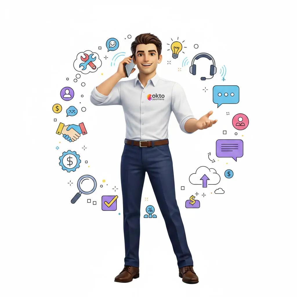 Service desk specialist on the phone with a client, surrounded by support and client relationship icons
