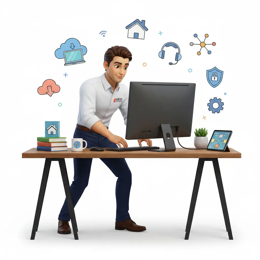 Poste de travail avec clavier et tablette relié au nuage, configuré pour un accès sécurisé à distance