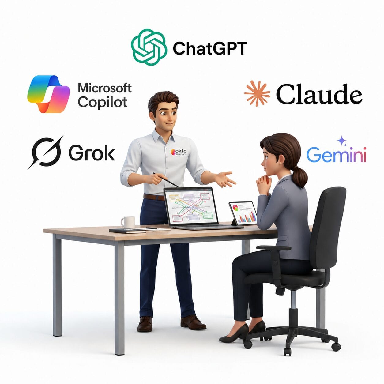 Conseiller OKTO Solutions explique les outils d’IA comme Copilot, ChatGPT et Claude à un client