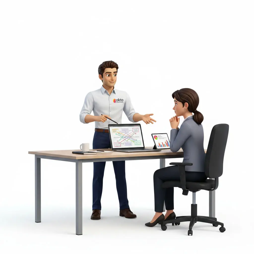 Conseiller qui présente un plan stratégique sur un portable et une tablette à une cliente