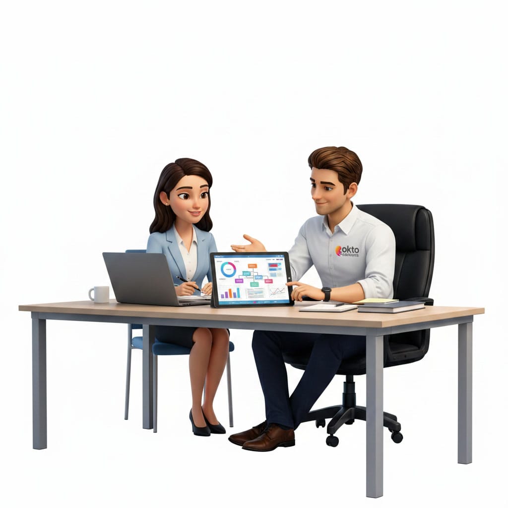 Analyse d'un plan de services TI sur tablette avec une cliente au bureau