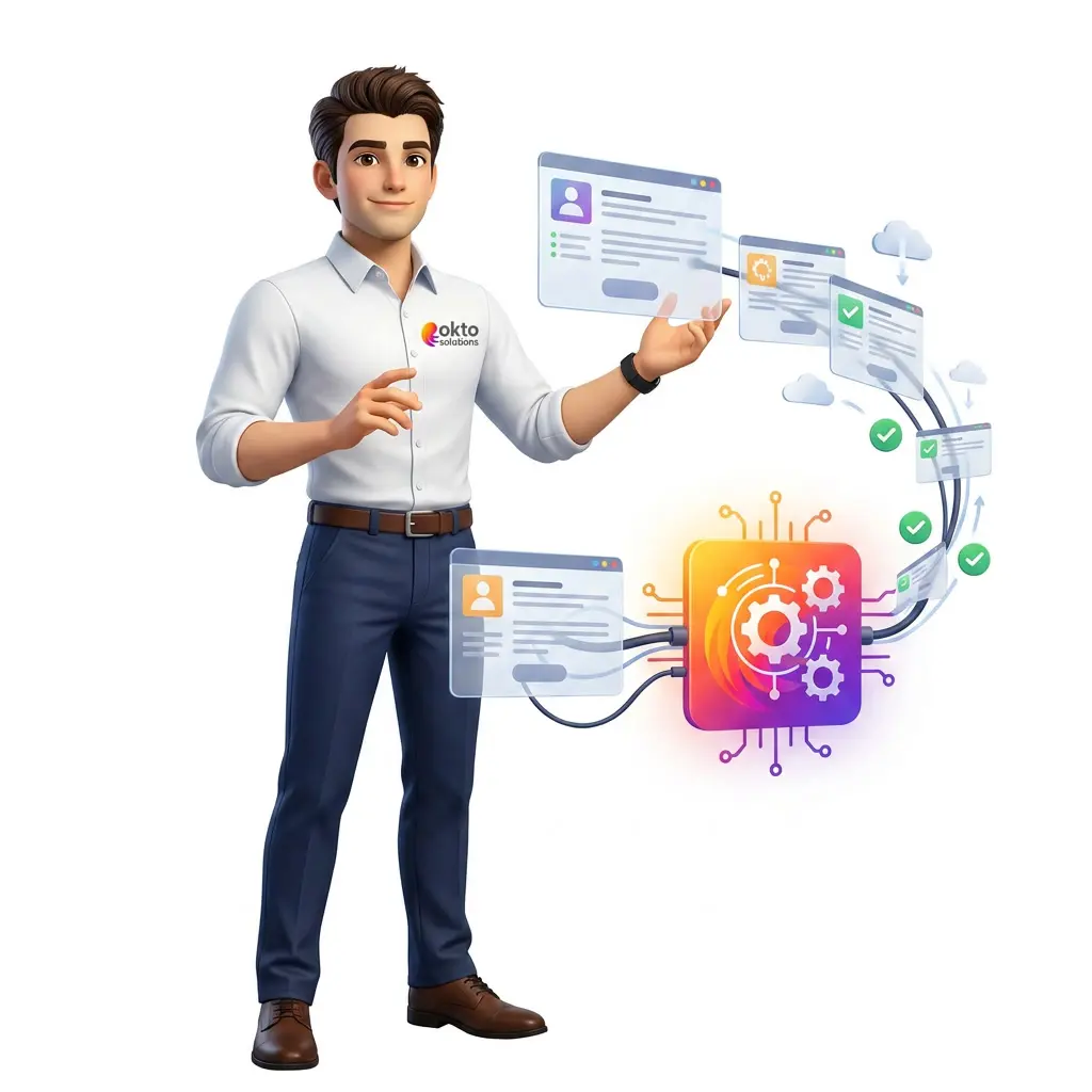 Technicien qui présente des fenêtres d’application reliées par des fils à un module d’automatisation