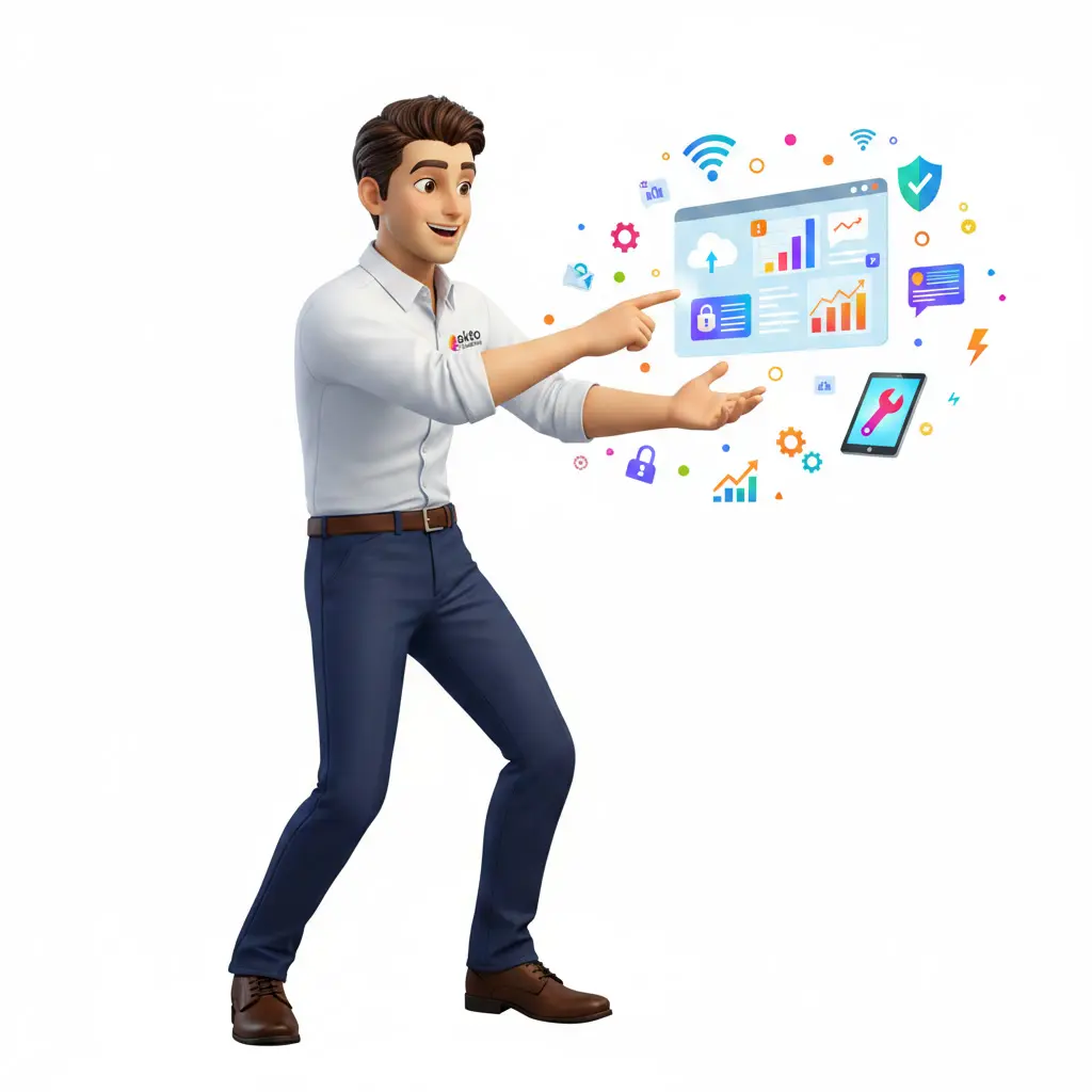 Technician pointing at a dashboard surrounded by security, network and maintenance icons