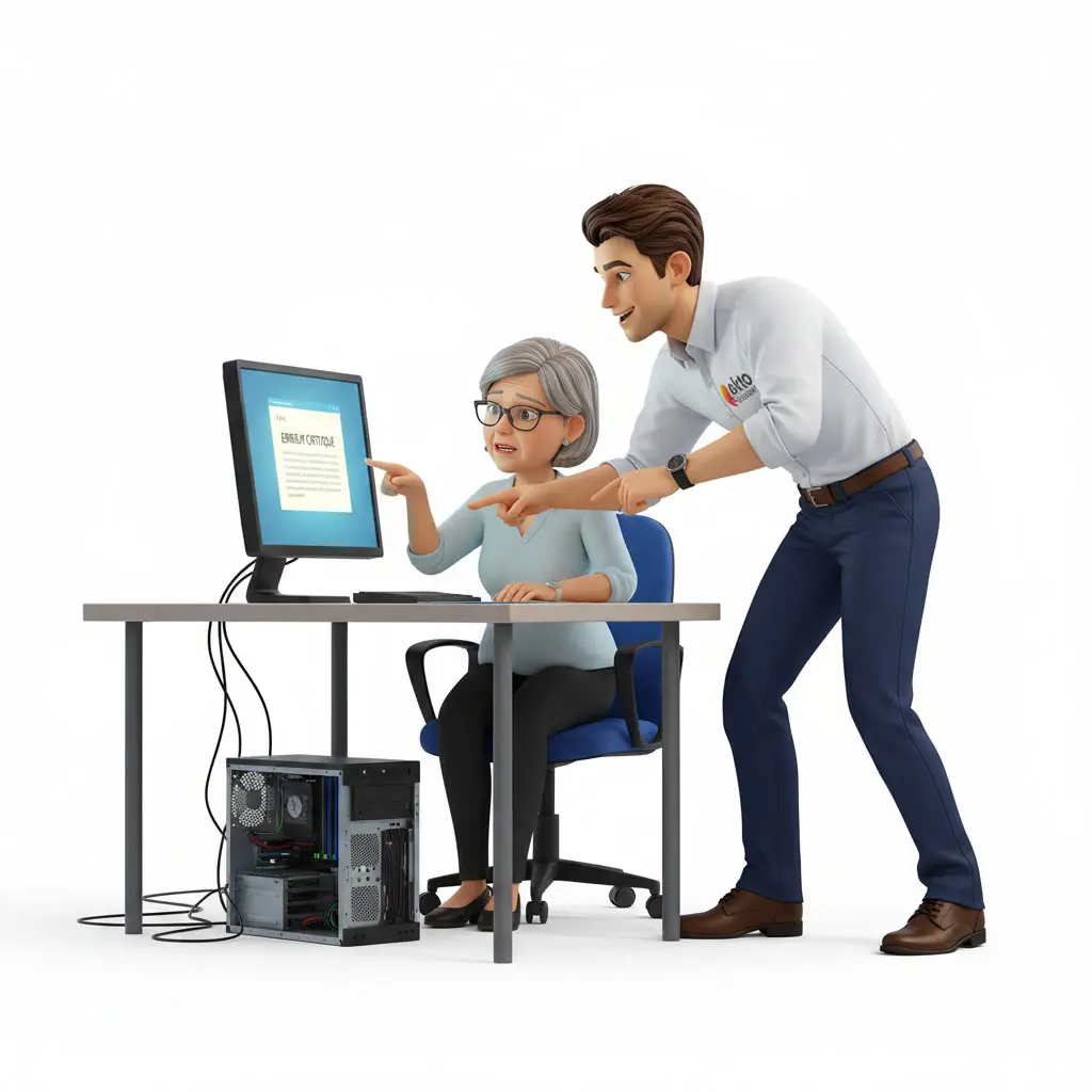 Specialist assisting a client with a critical email problem shown on screen
