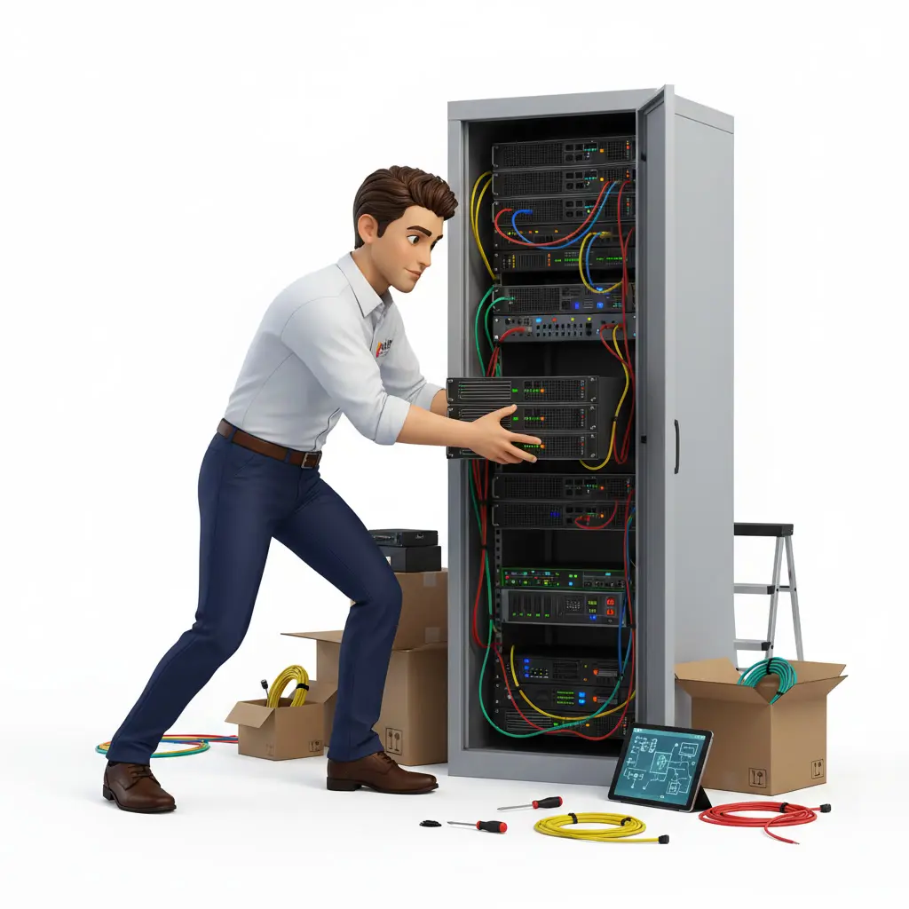 Single server rack being wired during a deployment, with boxes and a network diagram on a tablet