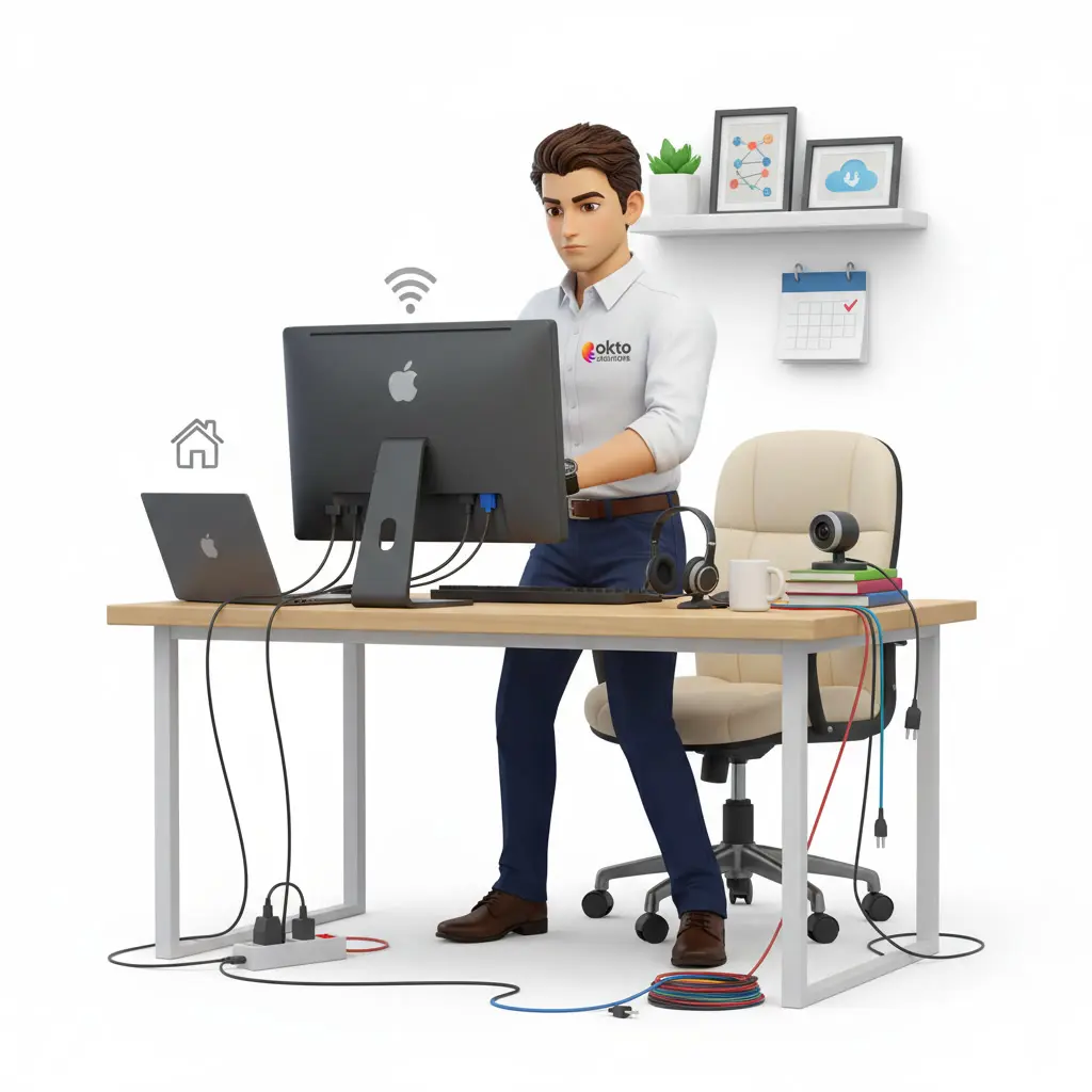 Technicien qui branche un écran et un portable sur un bureau à domicile, avec un casque, une caméra et des câbles rangés