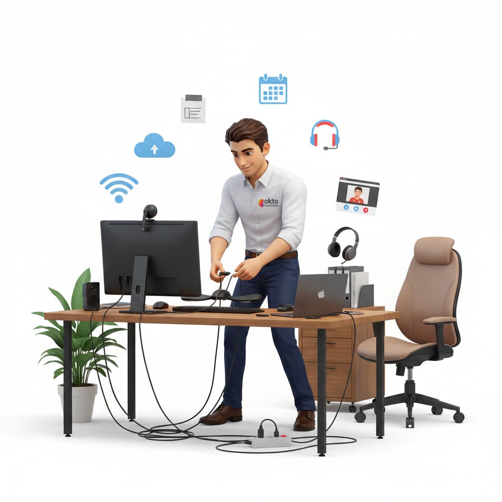 Setting up a home remote-work station with cabling, screen and webcam