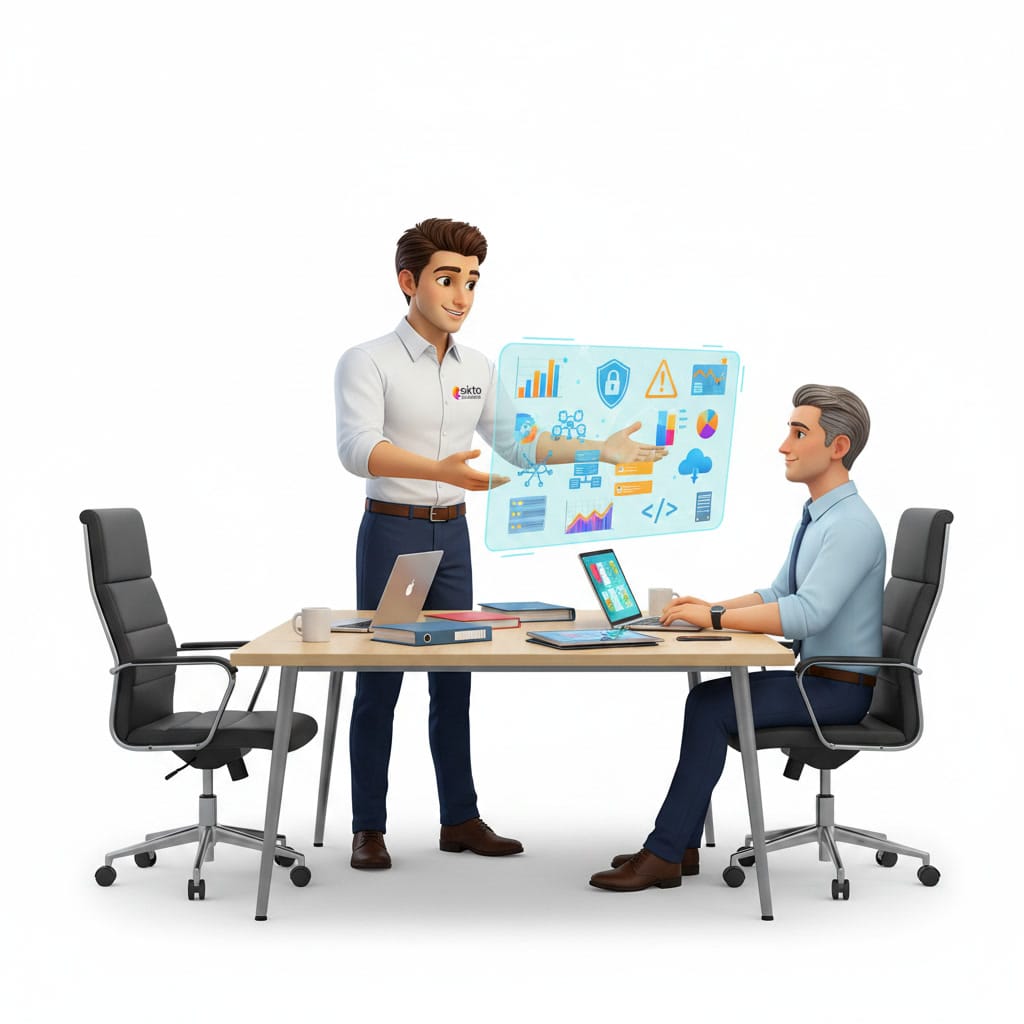 Presenting the cybersecurity audit plan to a client in a meeting room