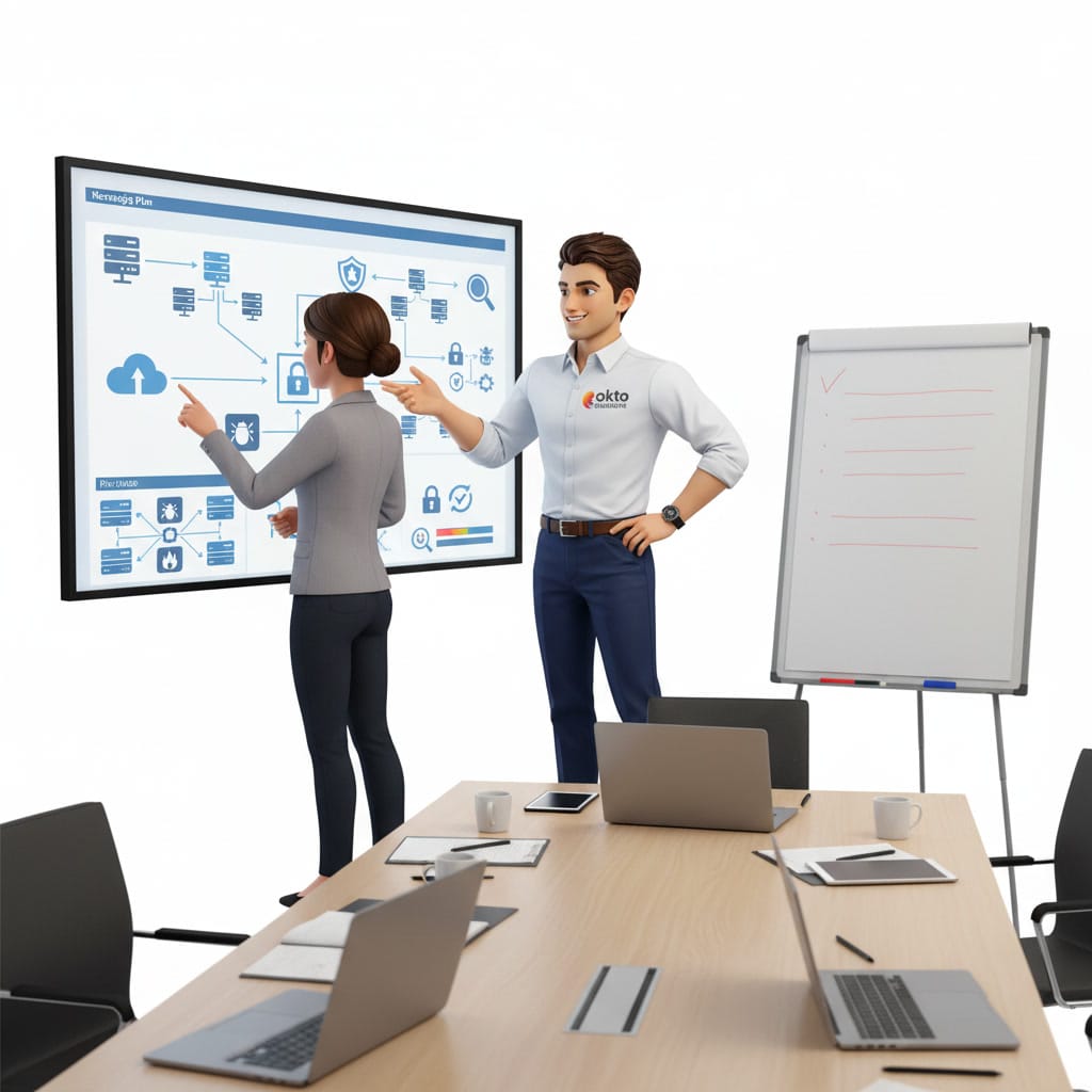 Presenting an IT master plan to a client in a meeting room