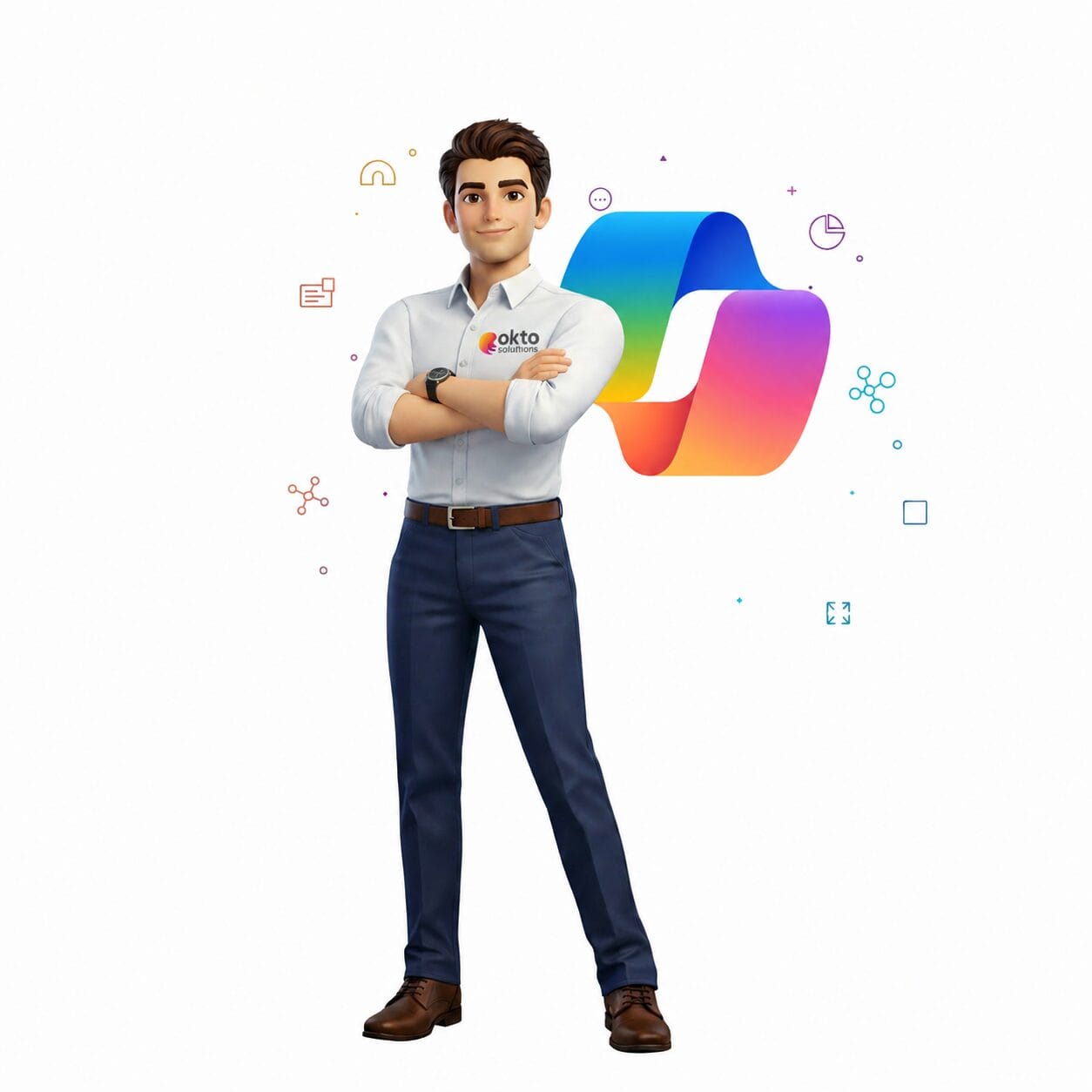 OKTO Solutions advisor presenting the Microsoft Copilot logo to a client