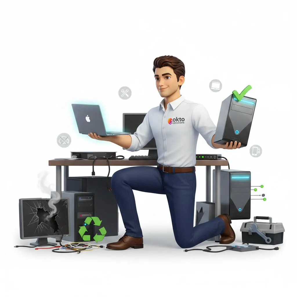 Technician on one knee holding a new laptop and a new tower, in front of an old cracked monitor headed for recycling