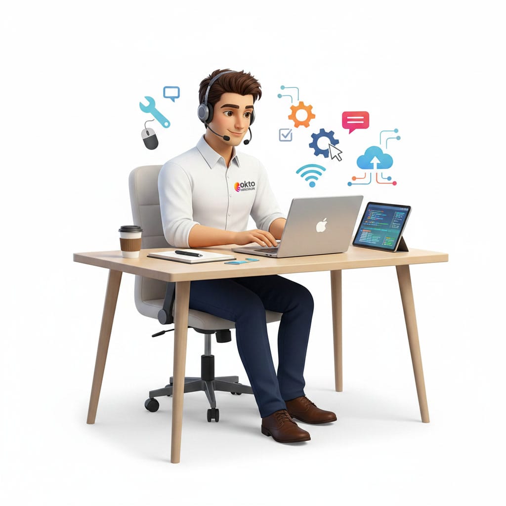 Remote support technician with headset and laptop helping an employee working from home