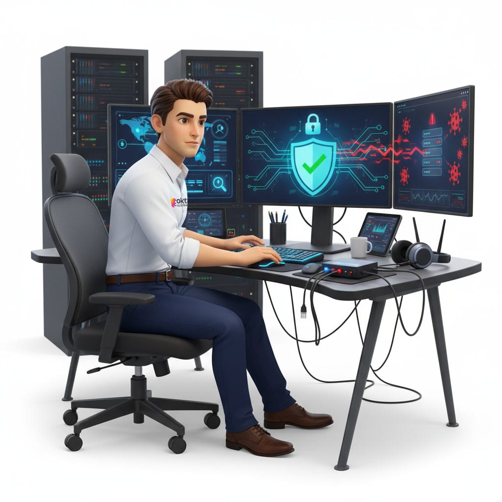 OKTO Solutions technician monitoring IT threats for small businesses working remotely