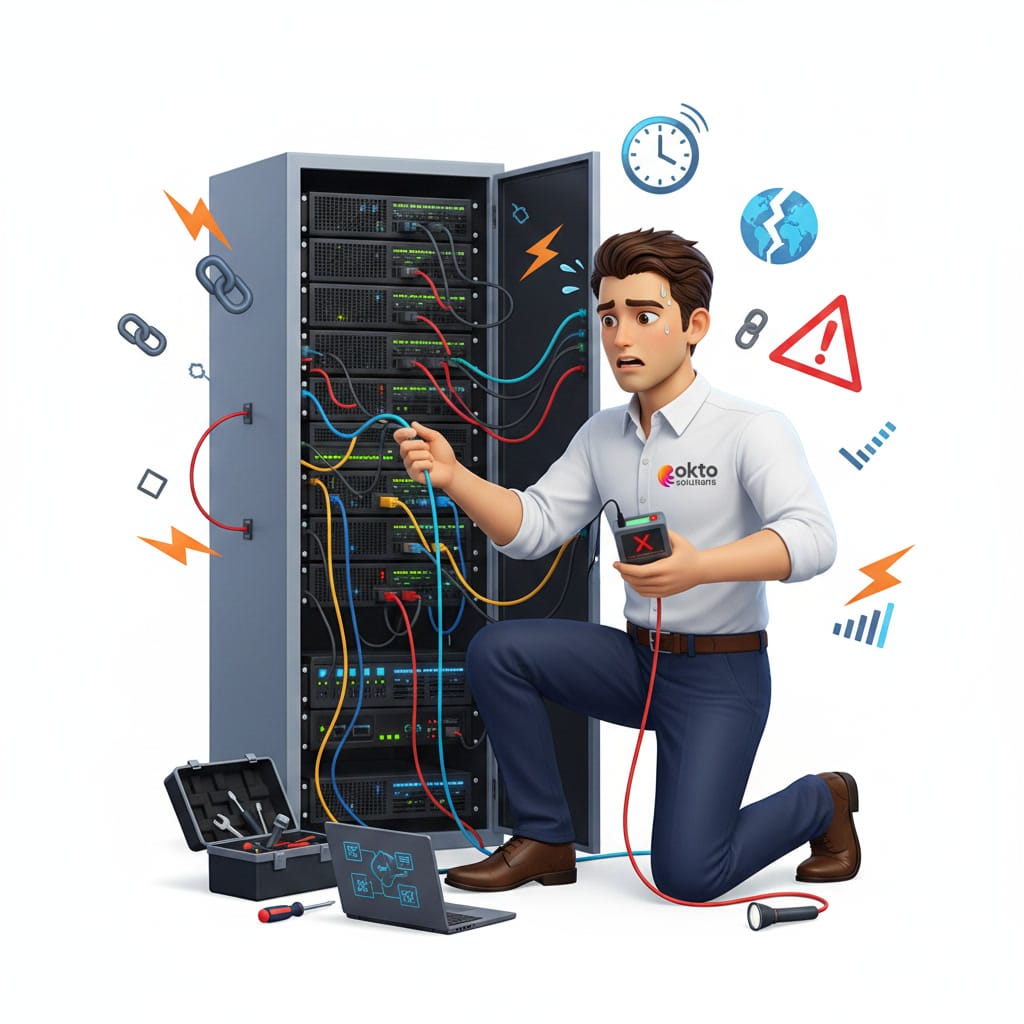 Emergency response on a server rack after a ransomware attack at a Quebec business