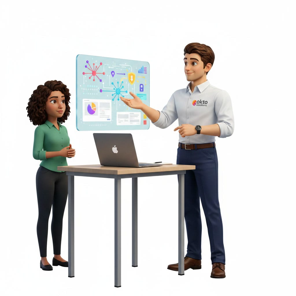 OKTO Solutions advisor presenting a data protection diagram to a client
