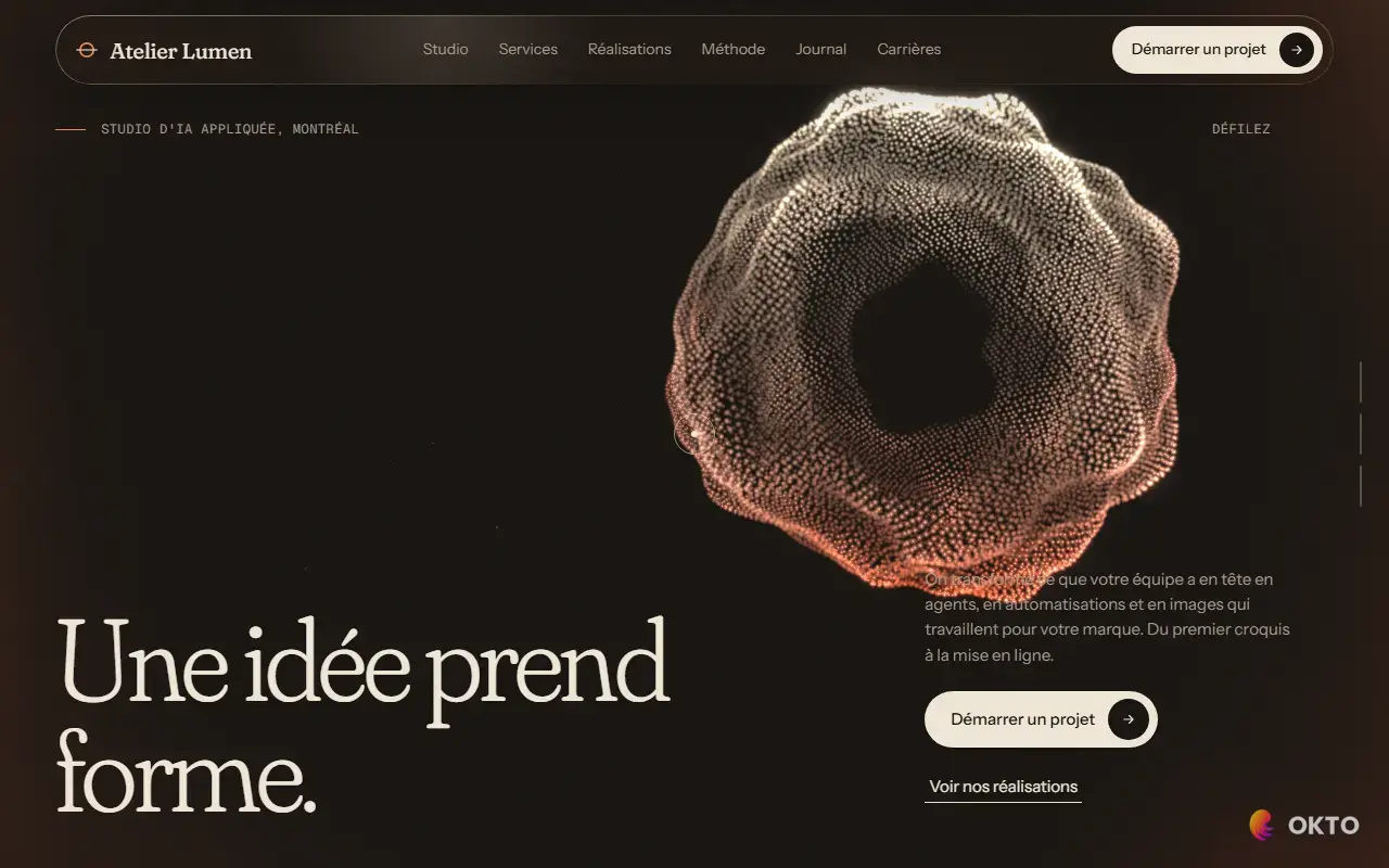 Home page of the Atelier Lumen demo website, artificial intelligence studio
