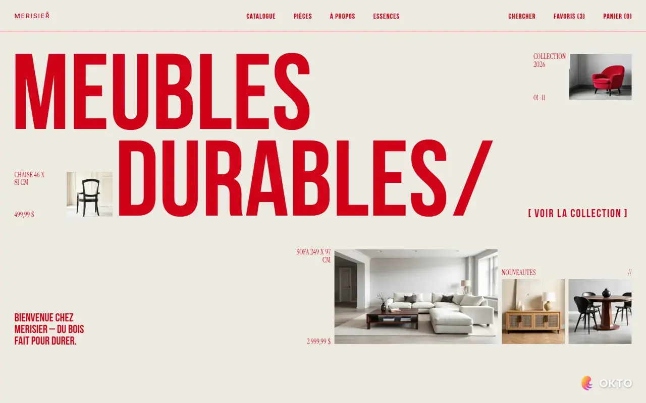 Home page of the Atelier Merisier demo website, solid wood furniture