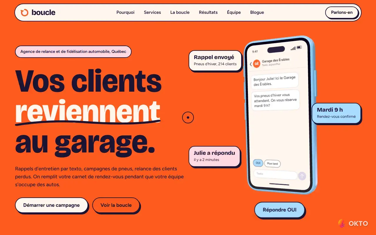 Home page of the Boucle demo website, automotive follow-up agency