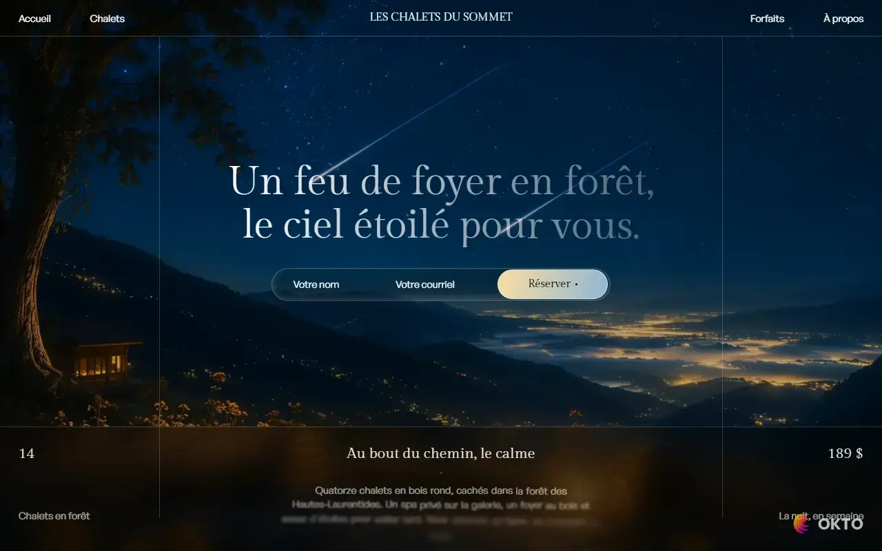 Home page of the Les Chalets du Sommet demo website, cottage rentals