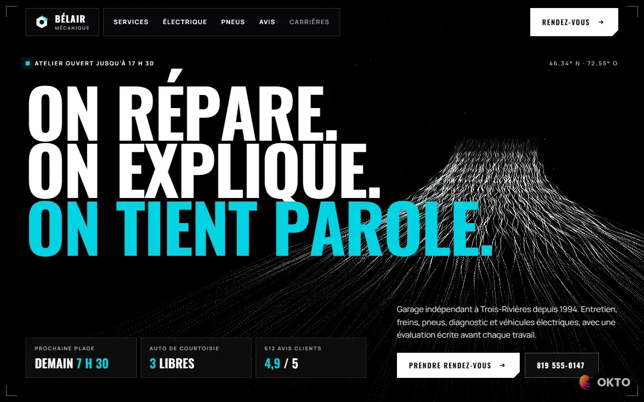 Home page of the Garage Bélair Mécanique demo website, auto repair shop