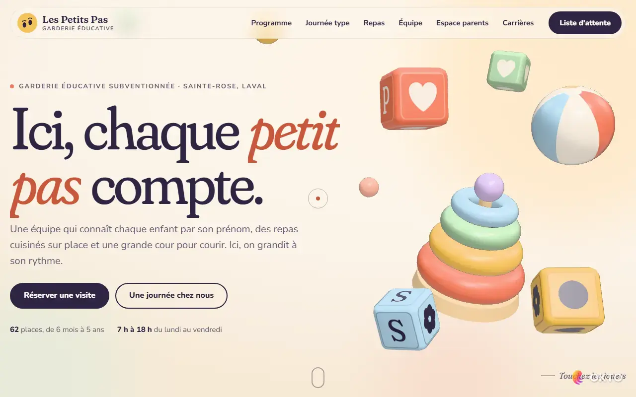 Home page of the Garderie Les Petits Pas demo website, educational daycare