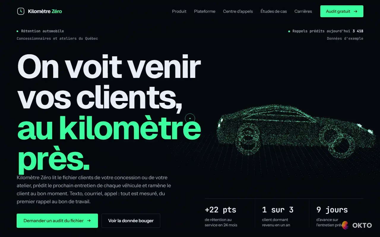 Home page of the Kilomètre Zéro demo website, automotive retention marketing