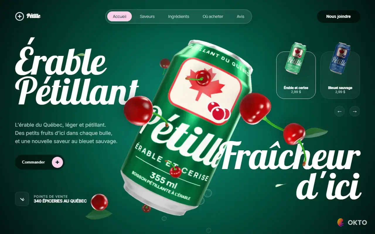 Home page of the Pétille demo website, quebec sparkling drink