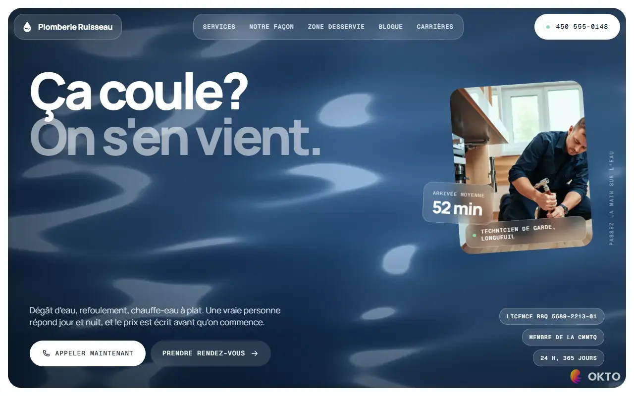 Home page of the Plomberie Ruisseau demo website, plumber