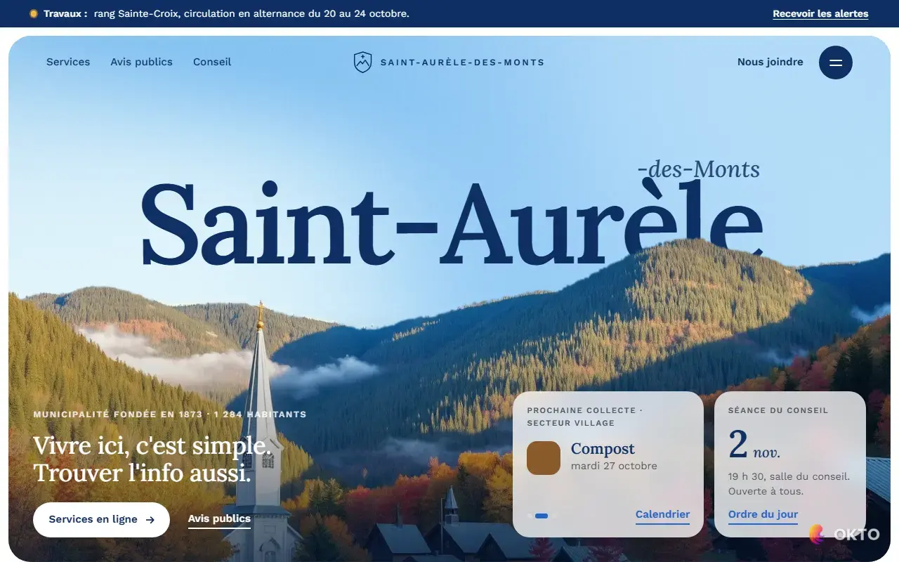Home page of the Municipalité de Saint-Aurèle-des-Monts demo website, municipality