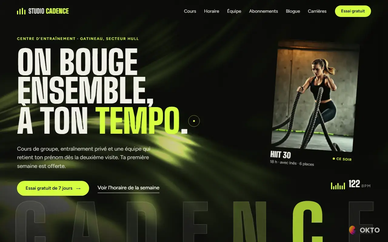 Home page of the Studio Cadence demo website, fitness studio