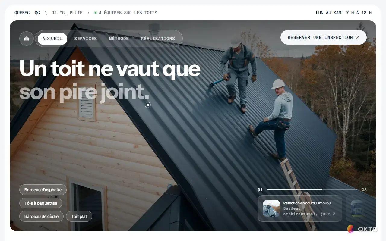Home page of the Toitures Faîtage demo website, roofer