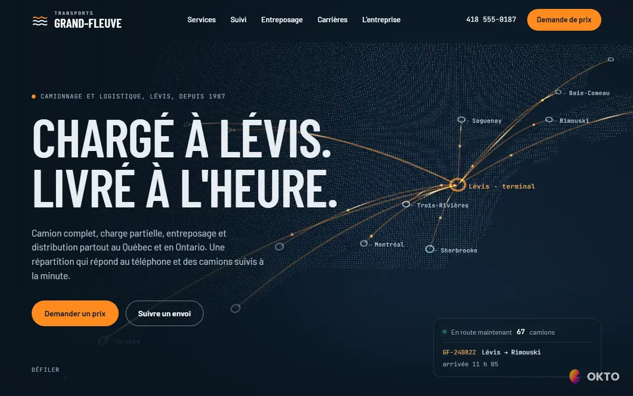 Home page of the Transports Grand-Fleuve demo website, transportation and logistics