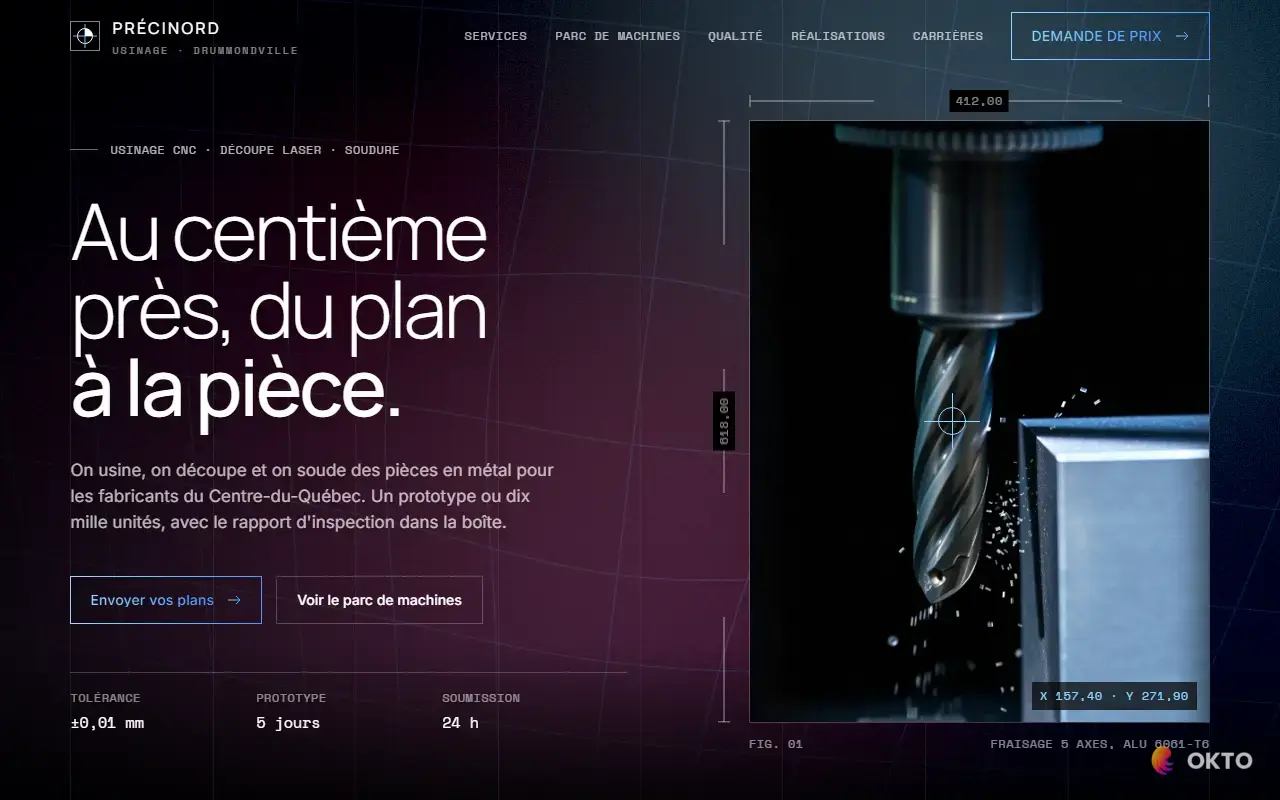 Home page of the Usinage Précinord demo website, machining and fabrication
