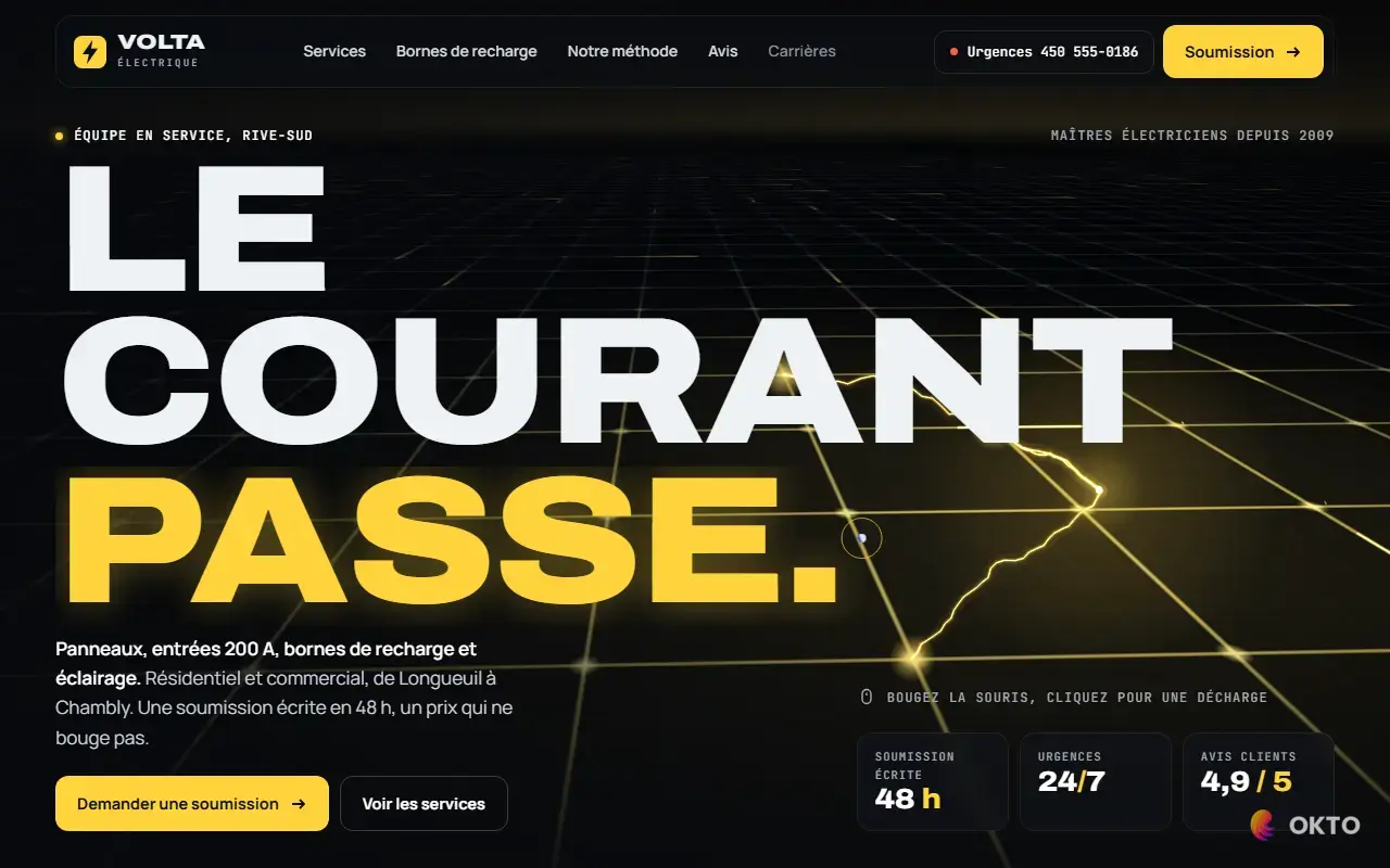Home page of the Volta Électrique demo website, master electrician