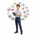 Conseiller OKTO Solutions tablette en main, recueillant les besoins d'un client entouré de questions et d'objectifs d'affaires