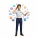 Conseiller OKTO Solutions au téléphone, entouré d'icônes de performance, de sécurité et de croissance d'entreprise