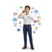 Conseiller OKTO Solutions au téléphone, entouré d'icônes de satisfaction, d'infonuagique et de soutien informatique