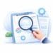 Loupe examinant un rapport d'audit informatique avec graphiques et indicateurs de performance