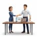 Poignée de main scellant un contrat de services gérés entre une cliente et un conseiller OKTO Solutions, contrat affiché à l'écran