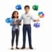 Cliente inquiète montrant une alerte de panne serveur, technicien OKTO Solutions rassurant, entourés des applications Microsoft 365